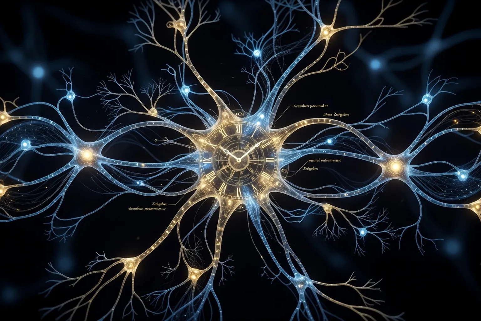 Représentation artistique des rythmes circadiens : horloge biologique et neurones en lumière bleue et dorée