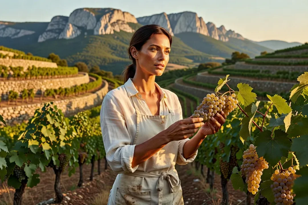 Vigneronne examinant une grappe de muscat dans les vignes en terrasses du Diois